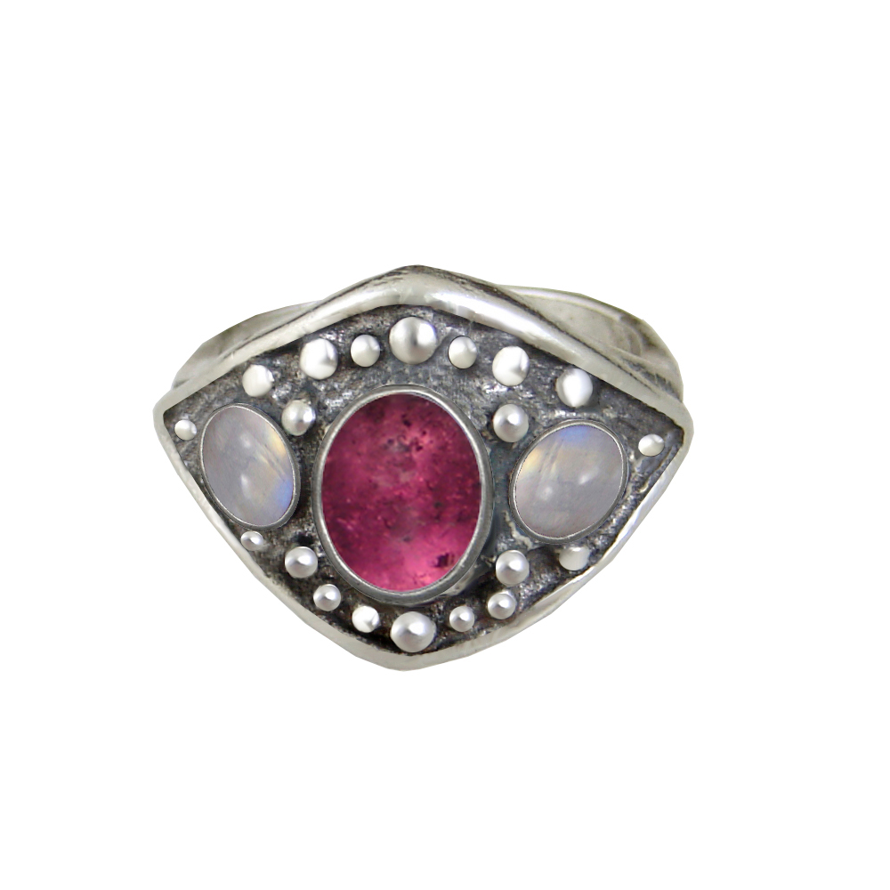 Sterling Silver Medieval Lady's Ring with Pink Tourmaline And Rainbow Moonstone Size 9